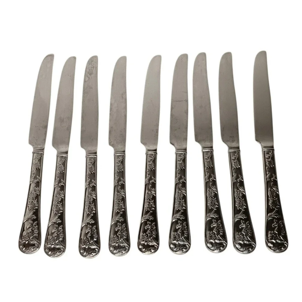 Reed & Barton Queens Garden 9 Dinner Knives Glossy Stainless Flatware Floral